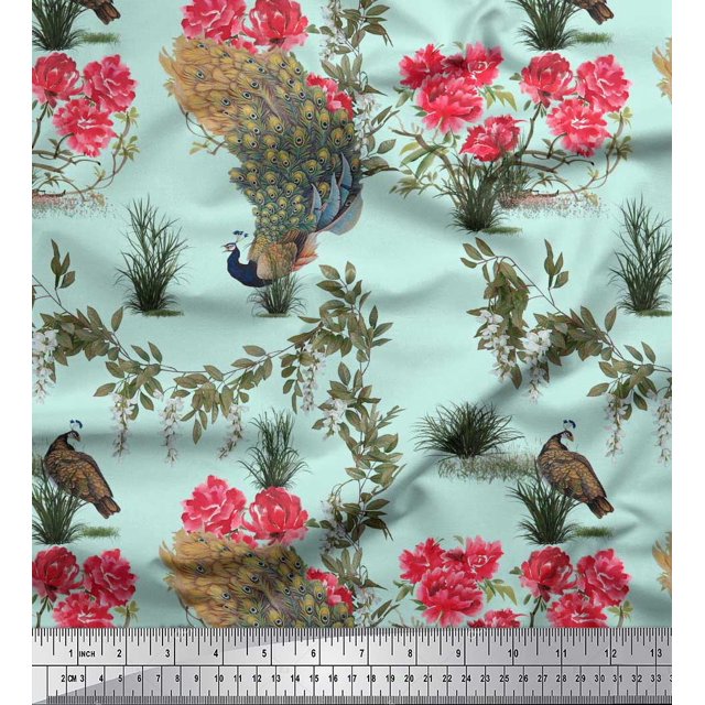 Soimoi Polyester Crepe Fabric Leaves,Floral & Peacock Bird Decor Fabric Printed Yard 42 Inch Wide