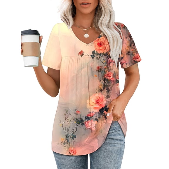 Ruimatai Women's V-Neck Short Sleeve T-Shirt Loose Fit Casual Printed Top Soft Comfortable Breathable Summer Tee