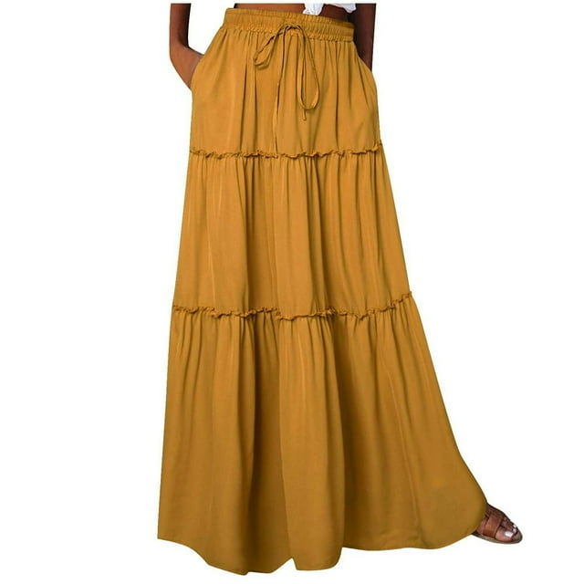JUNWELL Womens Boho Maxi Skirts Elastic Waist Ruffle Tiered Pleated A-Line Flowy Beach Vacation Summer Skirts with Pockets
