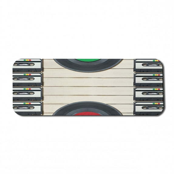 Indie Computer Mouse Pad, Top View of Audio Cassettes Gramophone Records Old School Retro Music Theme, Rectangle Non-Slip Rubber Mousepad Large, 31" x 12" Gaming Size, Black White Cream, by Ambesonne