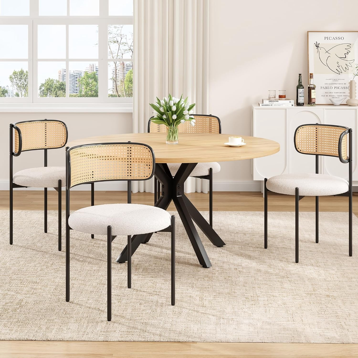 Farini 47" Round Dining Table, Mid-Century Modern Wood Table with Metal Base, Seats 4-6, for Kitchen or Dining Room, Nature
