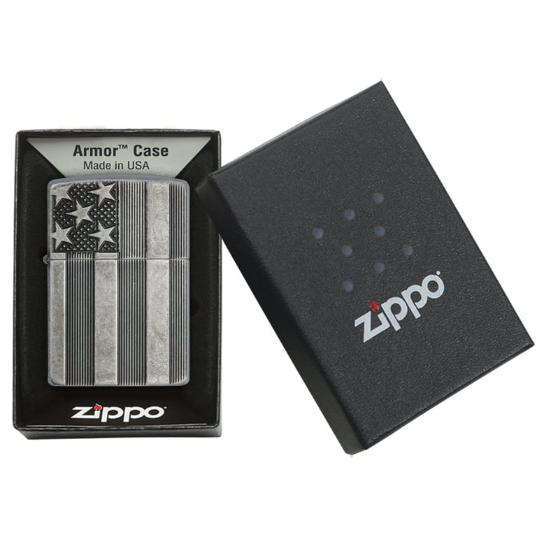Zippo Armor Antique Silver Plate American Flag Pocket Lighter