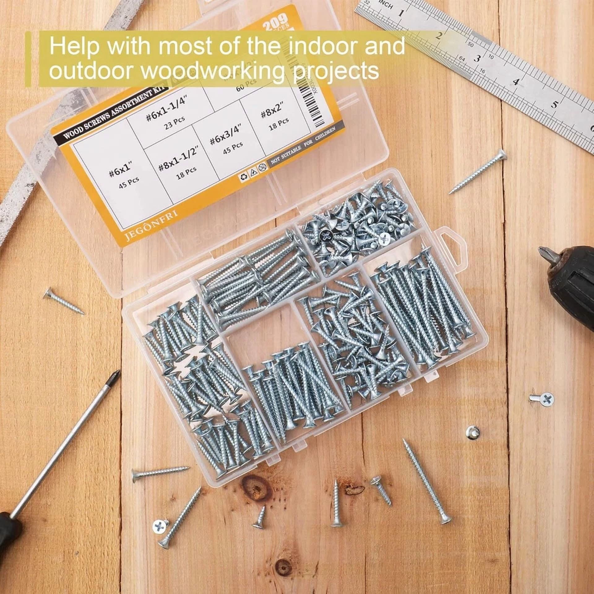 CIRCLE- High Hardness Wood Screws Assortment Kit 209 Pcs Phillips Drive Flat Head 6 Size