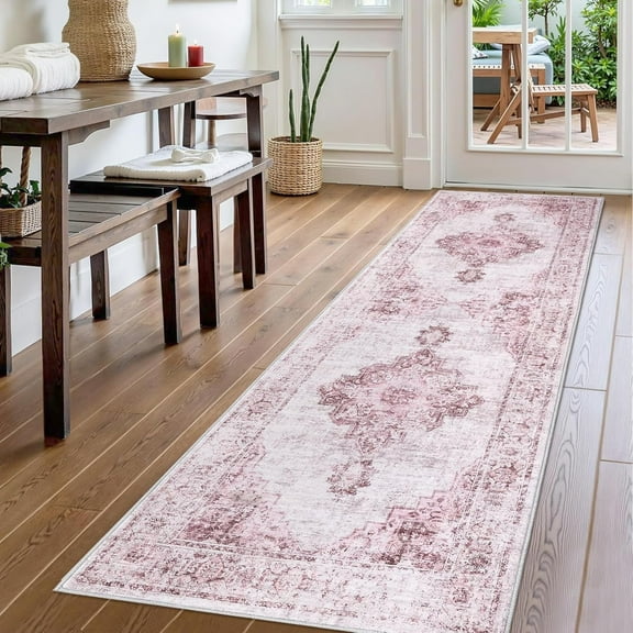 IDEALHOUSE 2x6ft Pink Area Rugs, Small Entryway Rug, Machine Washable, Non-Slip, Classic Boho Retro Pattern, Durable Fibers, Model R201