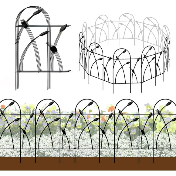 Metal Decorative Garden Fence Border, 32 in.H x 19.5 in.W (10 Panels, Total Length 16 feet) No Dig Fence Rustproof Wrought Iron Landscape Fencing for Flower Bed, Trees, Animal Barrier, Black