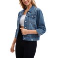thumbnail image 4 of Abrigo de mujer INSPIRE CHIC, chaqueta de mezclilla con cuello plano, botones, mangas 3/4, lavado, cropped, talla 2XL, azul oscuro, 4 of 6