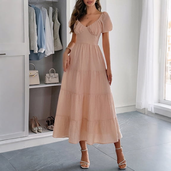 Women's Casual Vacation Long Dress with Waist Belt A-line Dress