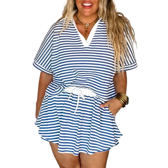Plus Size Women's Blue Stripe Short Sleeve Collared V Neck Top and Skort Set | [ZhiHiMeRi] | (US 14W-16W)1X