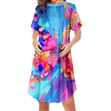 Cavosen Summer Maternity Dress Breastfeeding Short Sleeve Crewneck Pregnancy Dress with Zip Flowy Knee Length Dress Graphic Vacation Beach Dress