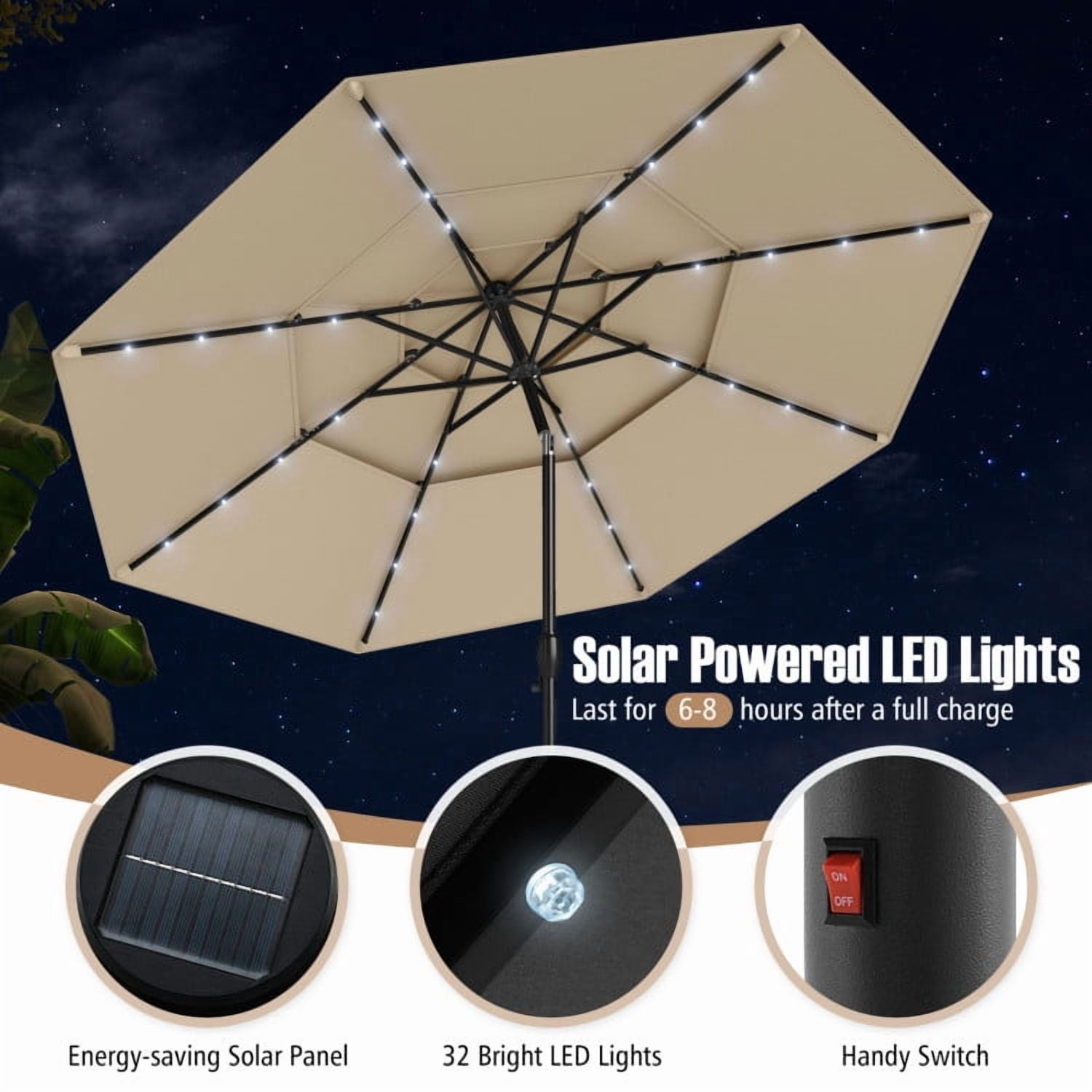 YYAo Outdoor Garden Umbrella,Market Umbrella,10 Feet Solar Patio Umbrella with 32 LED Lights 3-Tier Vented Top-Beige