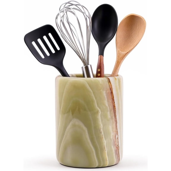 Radicaln Marble Utensil Holder 6.5 inches Green Onyx Handmade Spatula Set for Kitchen Counter, Cooking Utensils Jar & Kitchen Essentials Organizer, Ideal Utensil Caddy & Spoons Holder