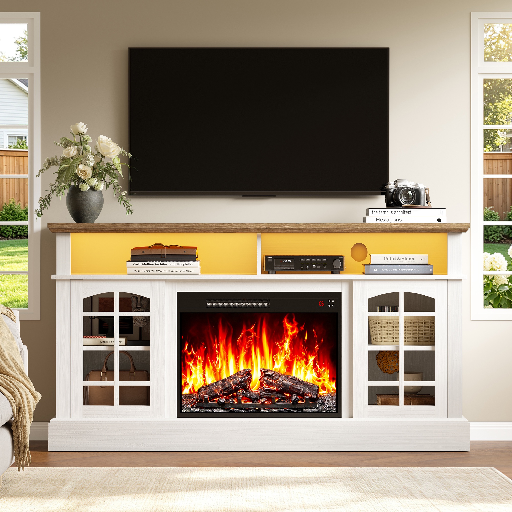 Paproos 65" Electric Fireplace TV Stand with LED Lights, Brown photo 2