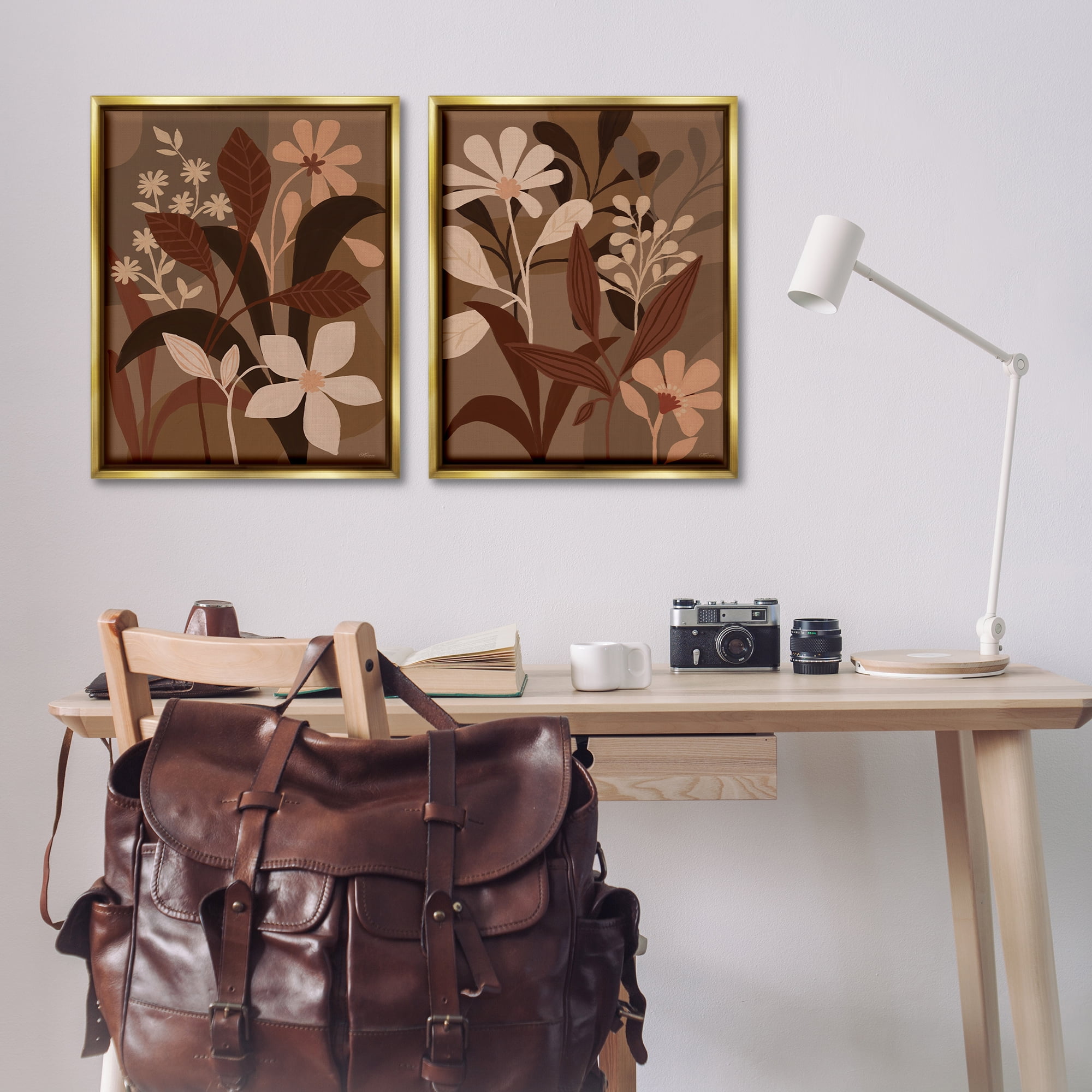 Stupell Industries Modern Boho Flower Bundle Floral & Botanical Painting Gold Floater Framed Canvas Art Print Wall Art, 31 x 25, Set of 2