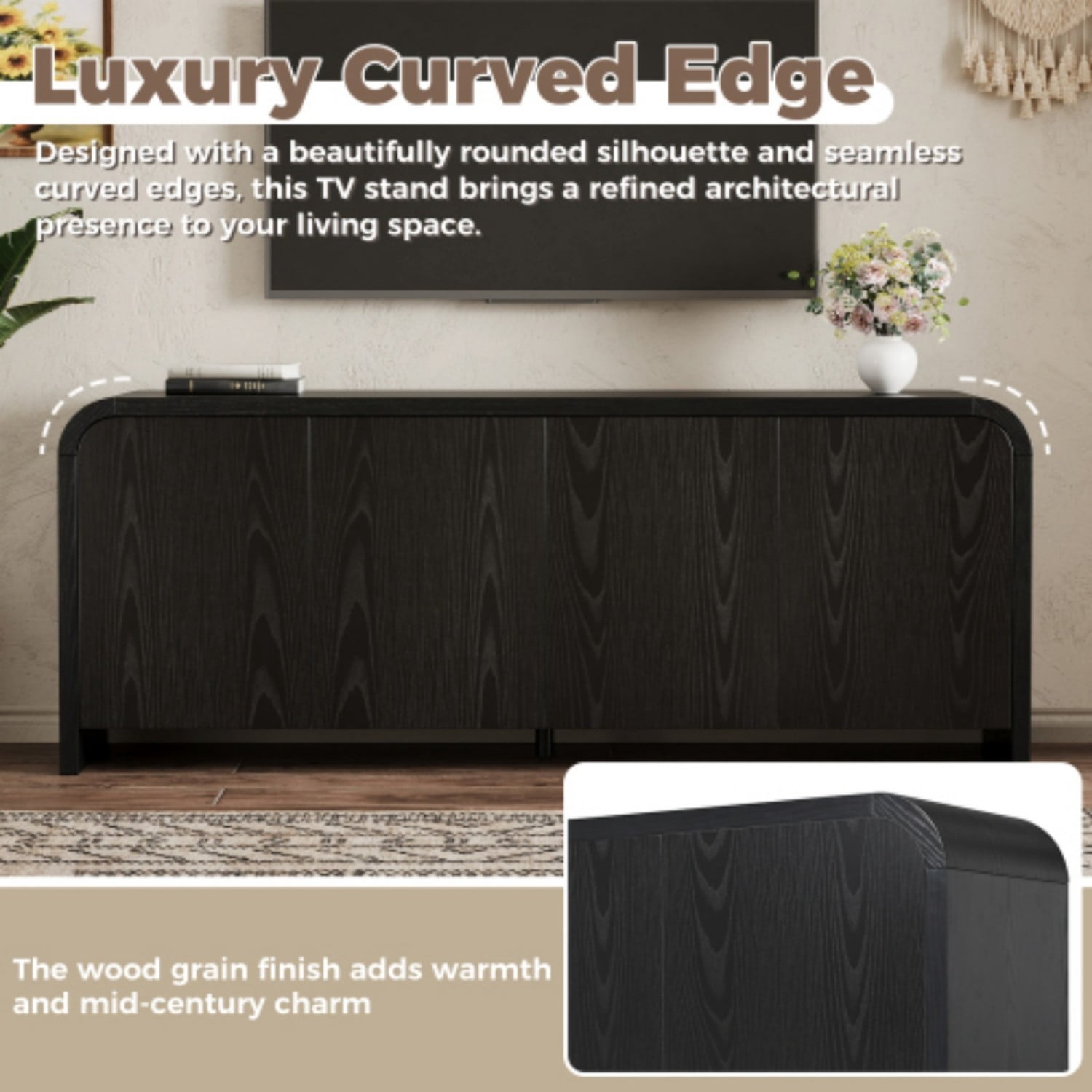 Farmhouse Curved Edge TV Stand for 70 Inch TV, Mid Century Modern Wood Grain Media Console with Adjustable Shelves, Cabinets & Cable Management for Living Room, Black