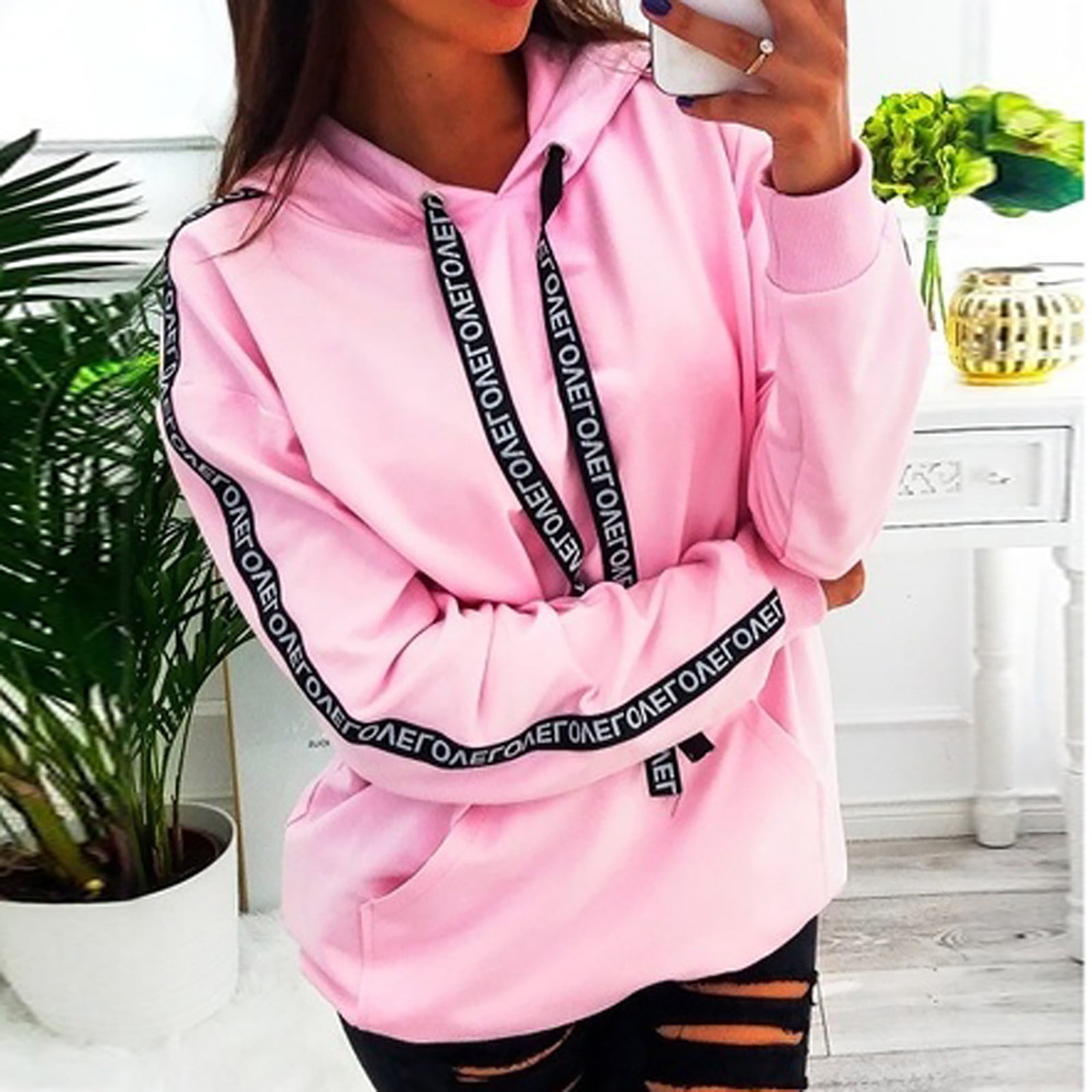 Fall Women Plus Size Long Sleeve Solid Sweatshirt Hooded Pullover Tops Shirt 