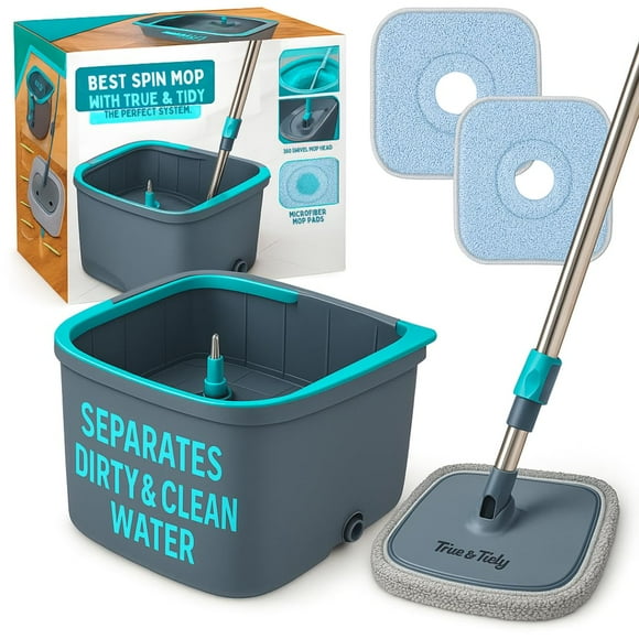 TRUE & TIDY Square Spin Mop & Bucket System – Dual Chamber for Clean & Dirty Water, 360° Rotating Self-Wringing Mop with Built-