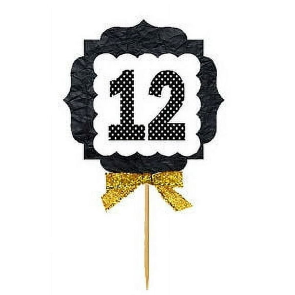 12th Birthday / Anniversary Gold Ribbon Hand Crafted Novelty Cupcake Decoration Toppers / Picks -12ct