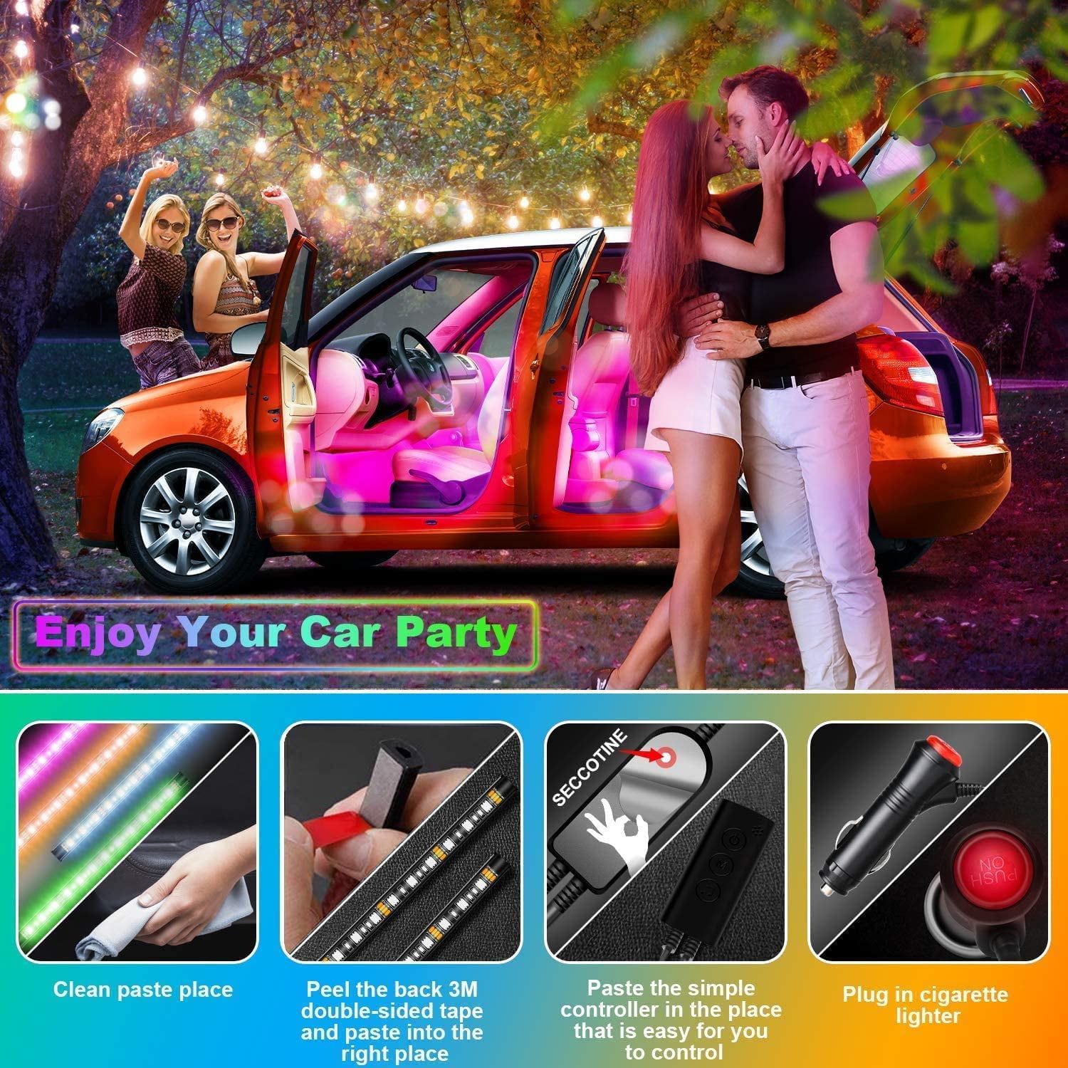 Car Interior LED Light Strip, 4PCS 48LED RGB Car Interior