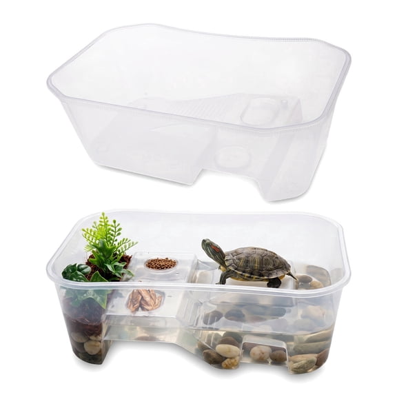 Deluxe Aquatic , Aquarium Box for Turtle Reptile Habitat Tank with Basking Ramp Platform Plants White