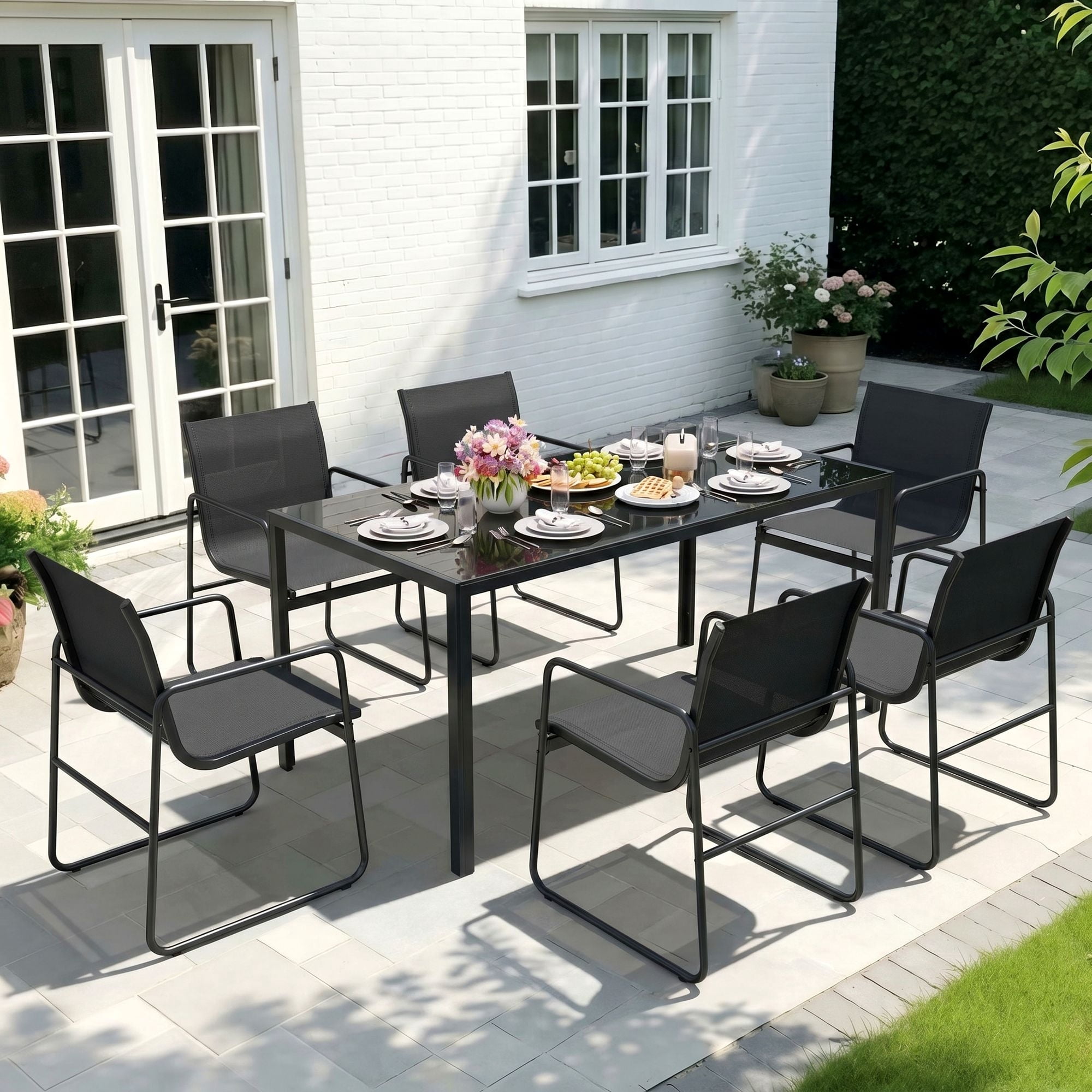 Vitarpatio 7 Piece Outdoor Patio Dining Set with 6 Textilene Chairs and Glass Rectangular Table, Modern Outdoor Furniture Set Patio Table and Chairs Set for 6 Persons, Black