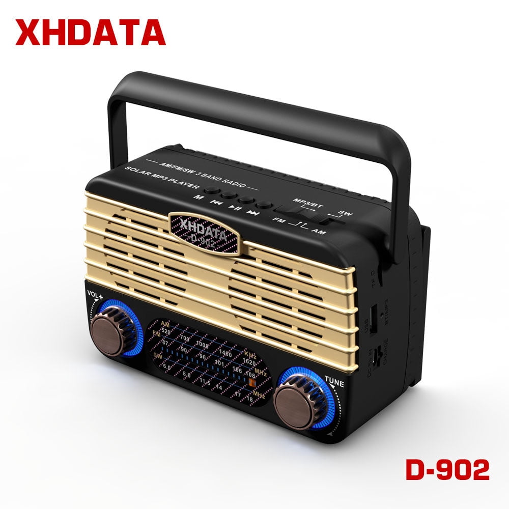 XHDATA D-902 Portable Shortwave Retro Radio, FM/AM/SW  Solar Wireless Bluetooth Vintage Radio, SD Card USB MP3 Player