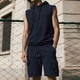 thumbnail image 2 of Afuyipoi Men's Two - Piece Set,Distressed Pocket & Drawstring Loose Sleeveless Hooded Top+Shorts Sets Navy XL, 2 of 6