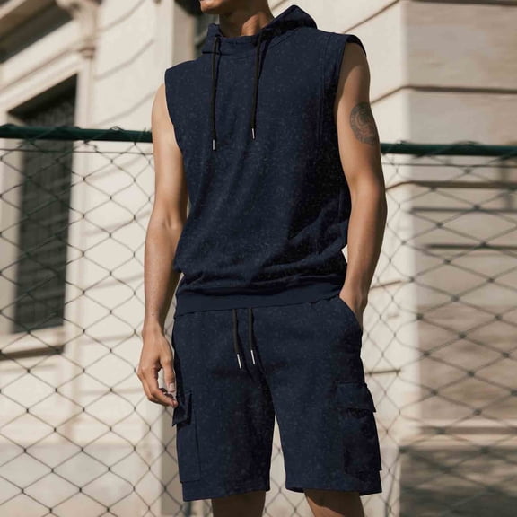 Gamivast Men's 2 Piece Workout Set Sleeveless Hooded Tank Top and Cargo Shorts Breathable Athletic Outfit for Gym Training Bodybuilding Summer Fitness