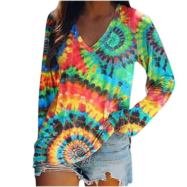 Camiseta de manga larga estampada con cuello en V suelta informal a la moda para mujer Pompotops gfhjh20909