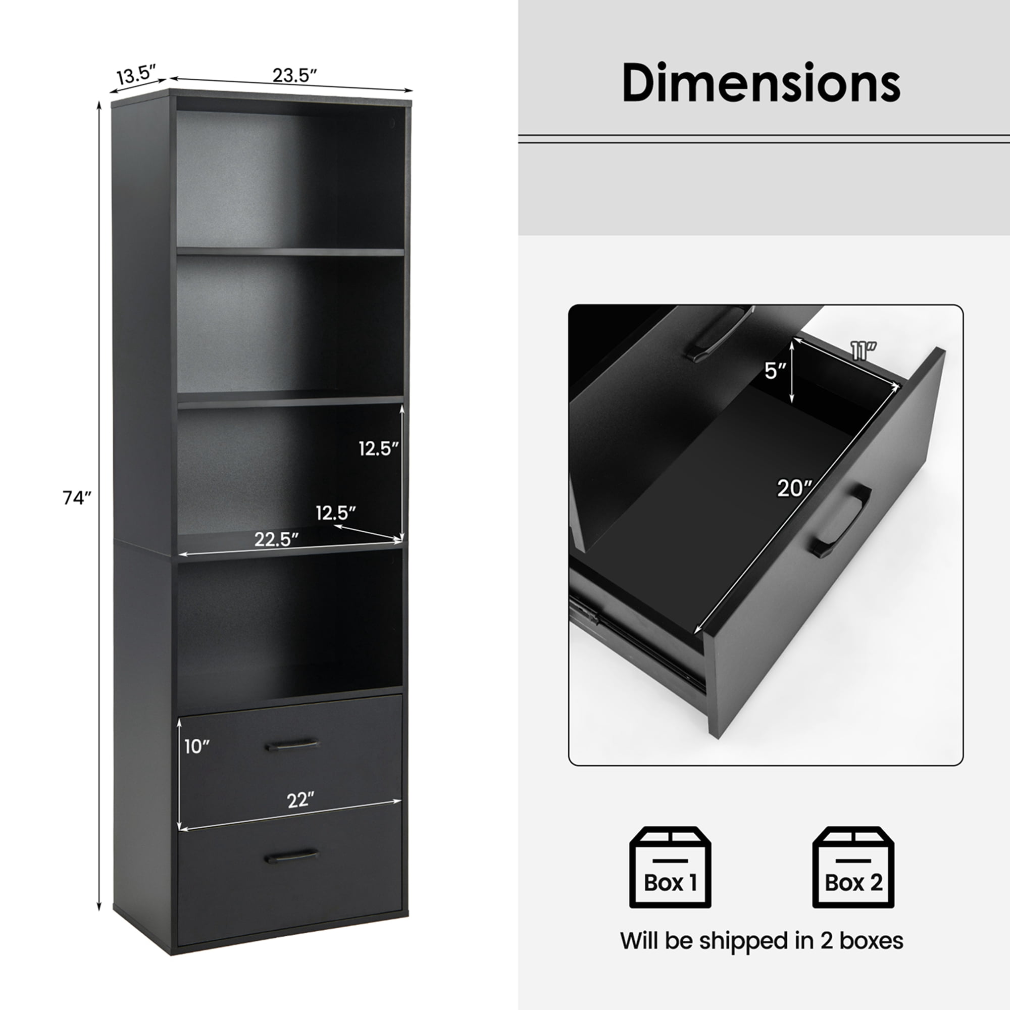 Costway 6-Tier Tall Bookshelf Freestanding Modern Bookcase Black Storage Cabinet