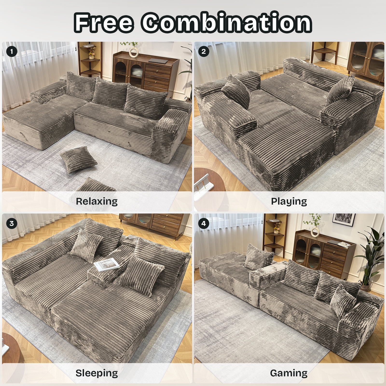 Kelyda 104'' Modular L-Shaped Sectional Sofa, Modern Memory Foam Deep Seat Corduroy Boneless Cloud Couch Coffee