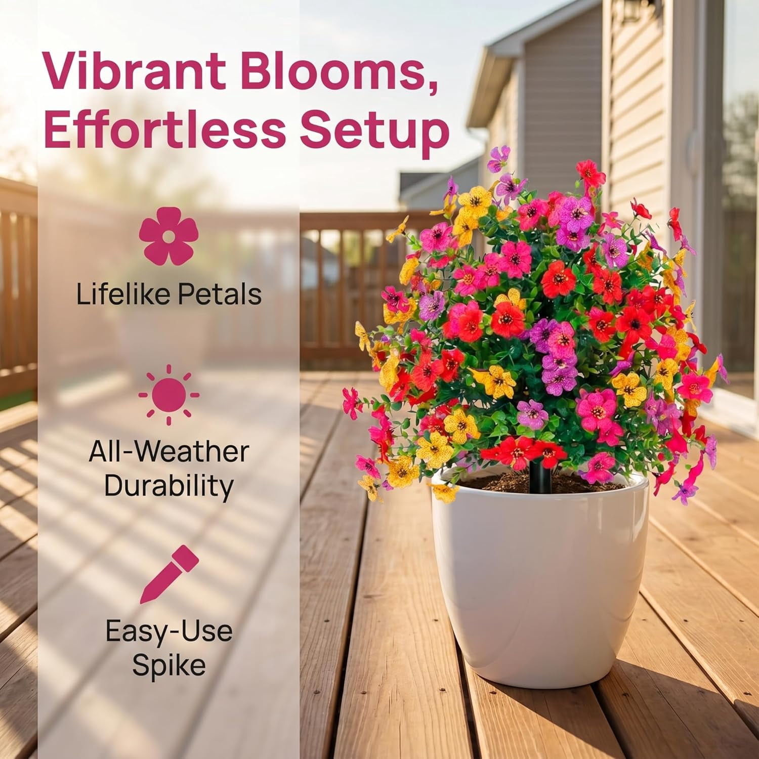 Artificial Flowers for Outdoors 24" Artificial Petunias with Ground Stake, UV Resistant Waterproof Lifelike Faux Flowers Decor for Garden Yard Patio Porch Home (Multi-Color (2 Pack))