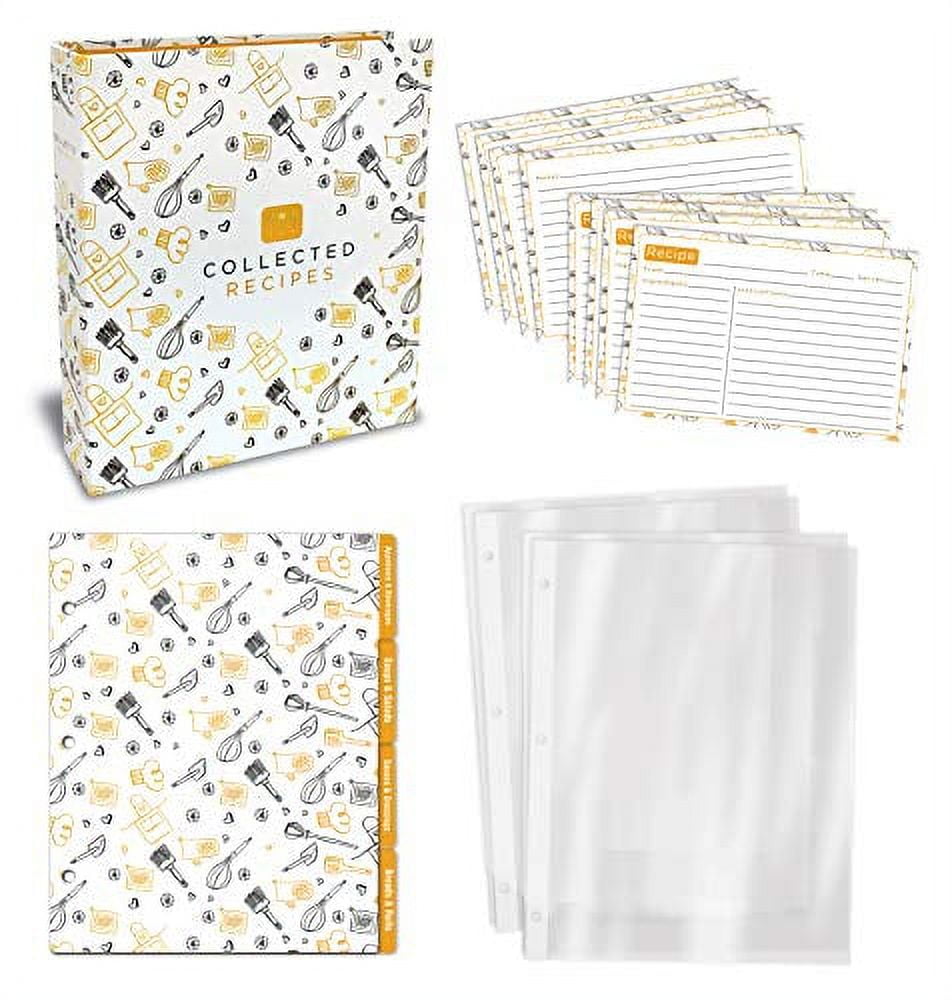 Recipe Binder, 8.5" x 9.5" 3 Ring Binder Organizer Set (with 50 Page Protectors, 100 4" x 6" Recipe Cards & 12 Category Divider Tabs) by Better Kitchen Products, Black & Gold Montage Design