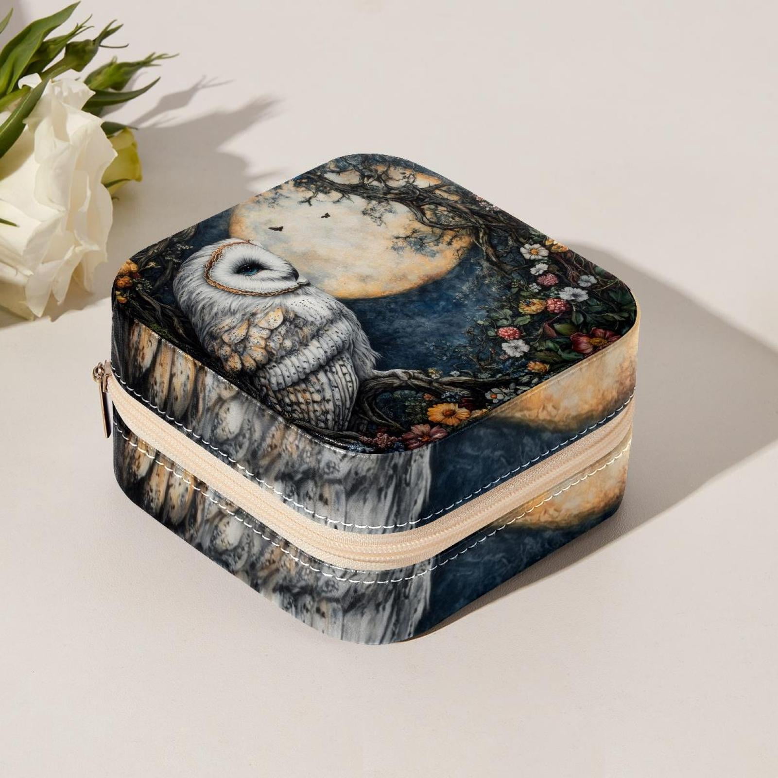 PhooArto Small Jewellery Box, Owl Flowers and Moon Portable Travel Mini Jewelry Case for Women Leather Ring Organizer