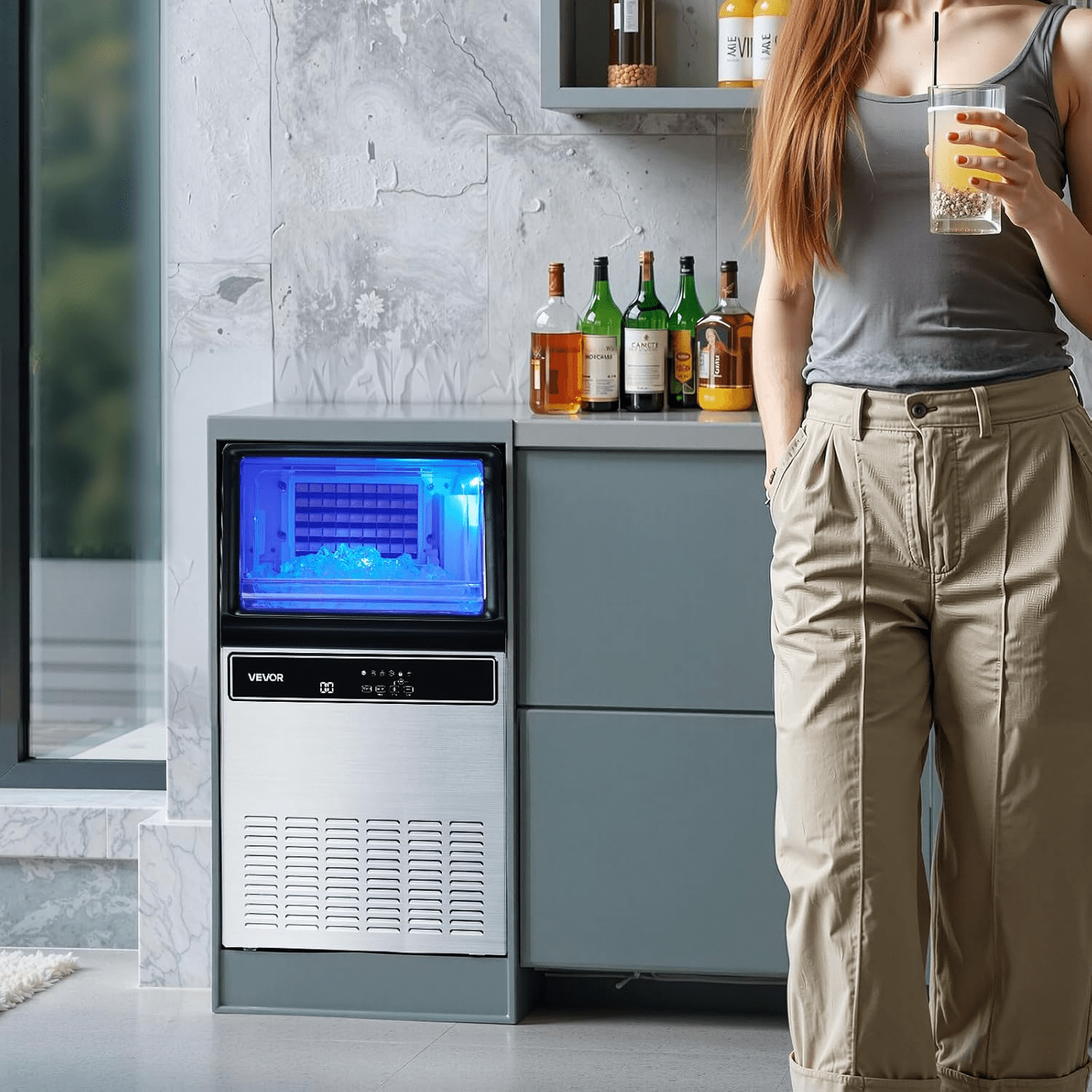 Urday Commercial Ice Maker Machine, 130 lbs/24h High Yield with 33 lbs Storage, 45 Clear Cubes per Cycle, Stainless Steel Under Counter & Freestanding Ice Machine for Home, Bar, Cafe, Restaurant
