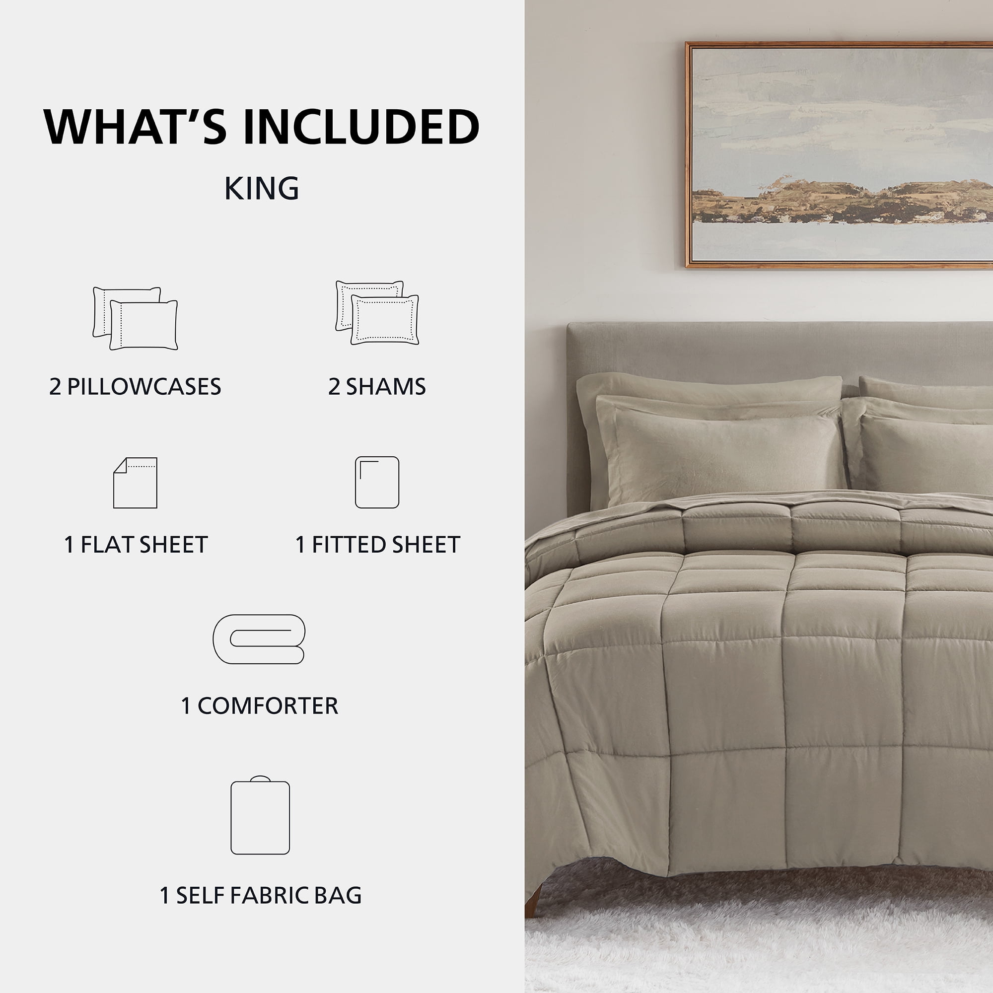 Mainstays All in One Down Alt Reversible Comforter and Sheet set- 7 Piece, King, Stone