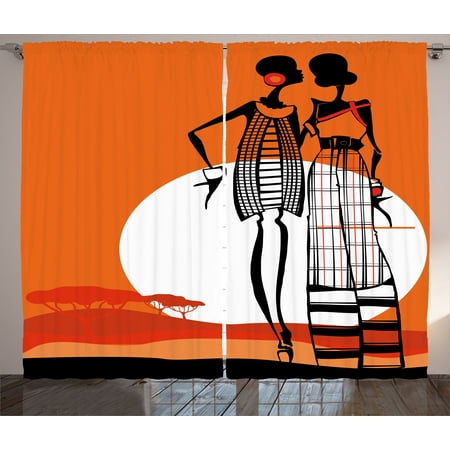 Orange Bedroom Set African Curtains 2 Panels Set, Desert Sunset Scenery Fashionable Stylish African Women with Trees Picture, Window Drapes for Living Room Bedroom, 108W X 84L Inches, White Orange Black, by Ambesonne ()