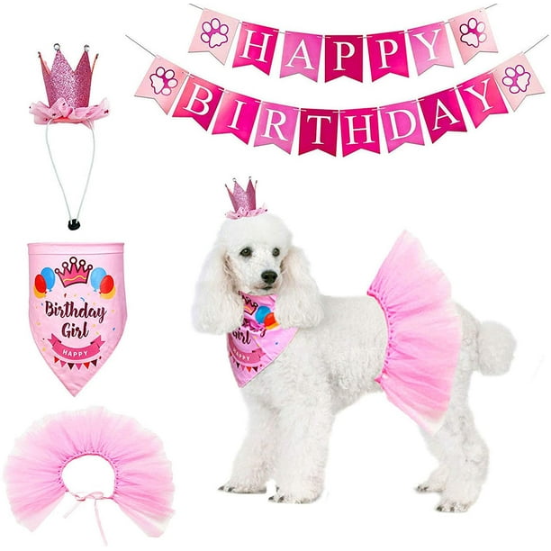 Bandana de cumpleaños para perro, suministros para fiesta de cumpleaños, falda tutú rosa, sombrero de corona, bufanda, pancarta de feliz cumpleaños, traje de cumpleaños para mascota, cachorro, gato y