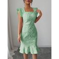 thumbnail image 3 of Elegant Jacquard Commuter Dress, Summer Floral Square Neck Knee-Length Dress for Women, 3 of 10