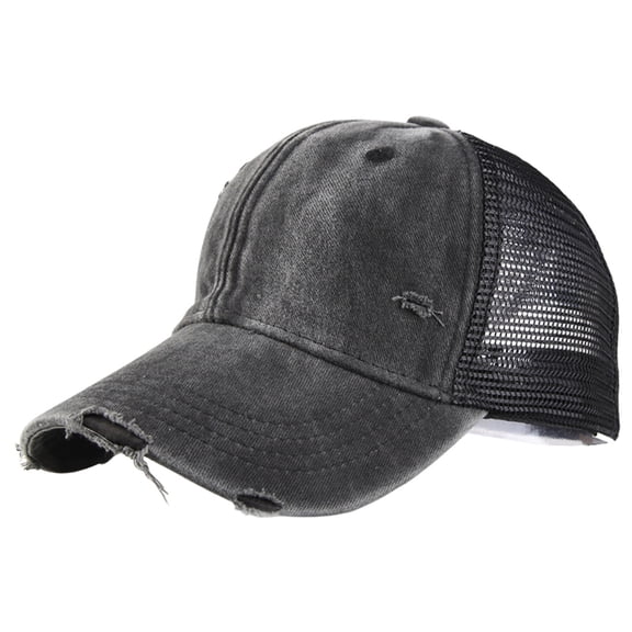 Womens Baseball Hats CQXIDFH Washed Cotton Trucker Hat, Mesh Back Breathable Baseball Cap, Distressed Solid Color Headwear for Hiking Sports, Beret Hat (Black, One Size)
