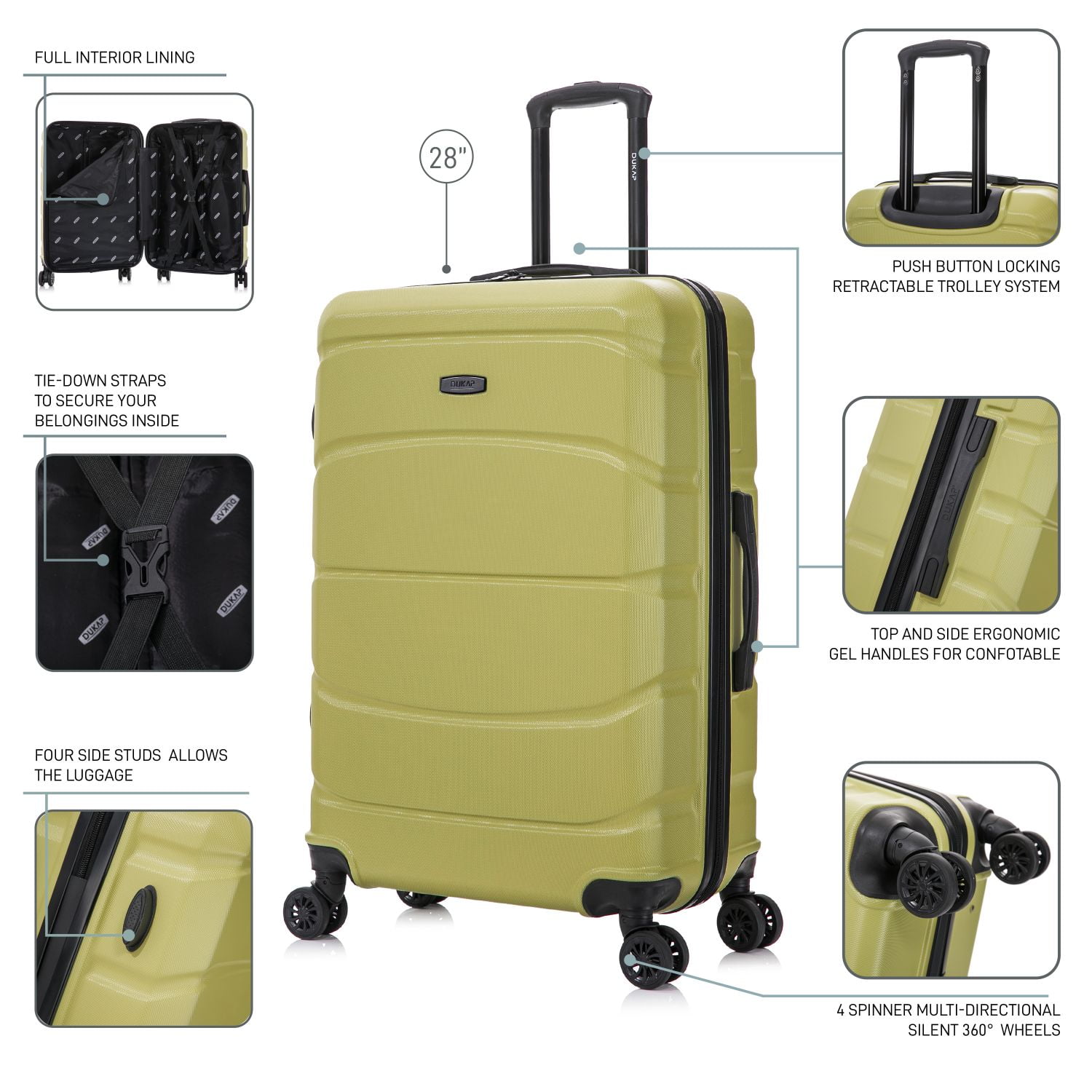 DUKAP SENSE 28" Hardside Lightweight Checked Luggage with Spinner Wheels, Handle and Trolley, Green