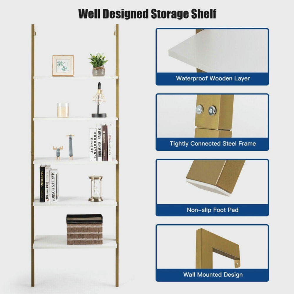 Demi Bonn 5-Tier Wood Look Ladder Shelf with Metal Frame for Home, Multipurpose Open Bookshelf, Yellow