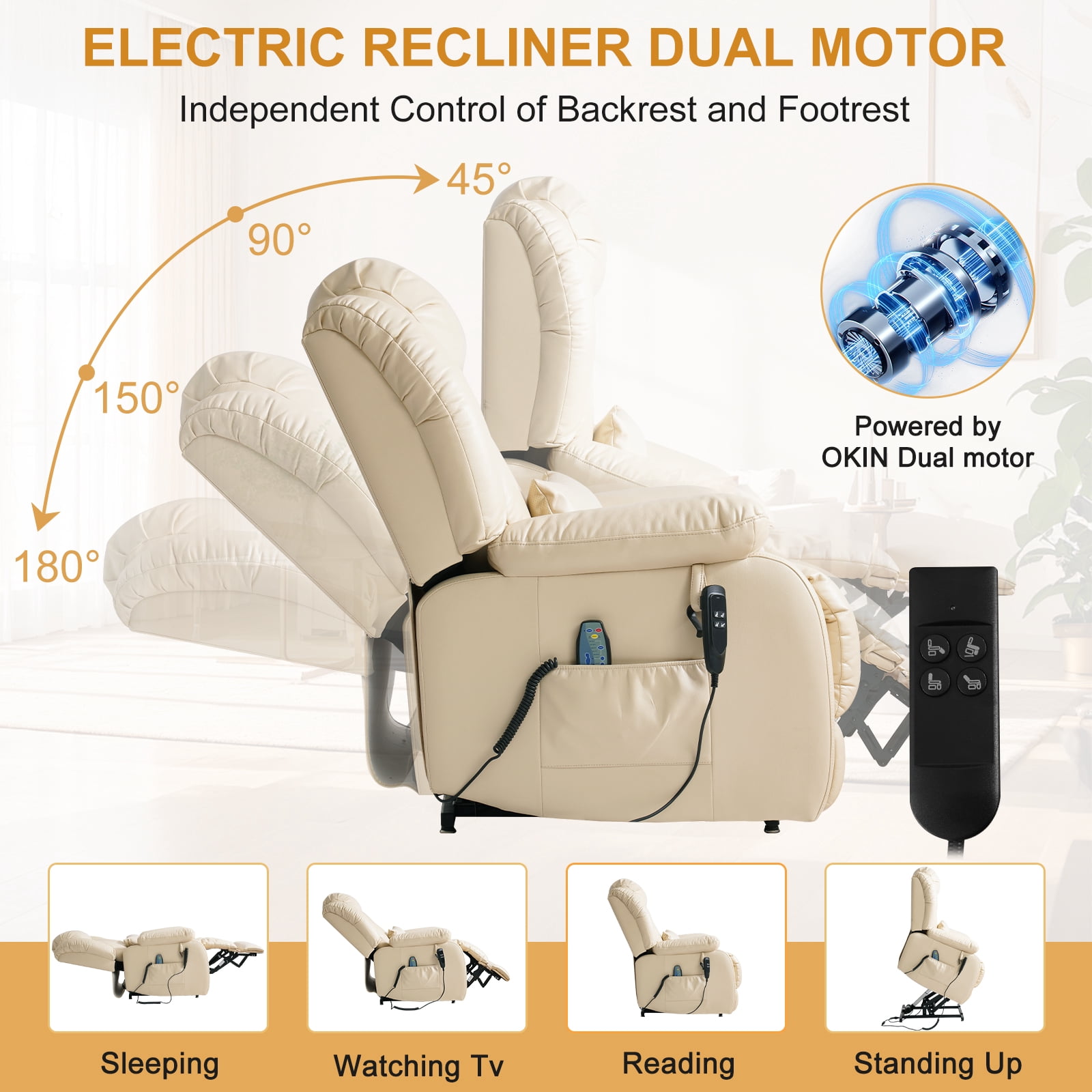 INGALIK Power Lift Recliner Chair Dual Motor, Infinite Position Lay Flat Recliners for Adult & Elderly with Heat & Massage, Large, Type-C Charge, Lumbar Pillow for Living Room, Leather (Beige)
