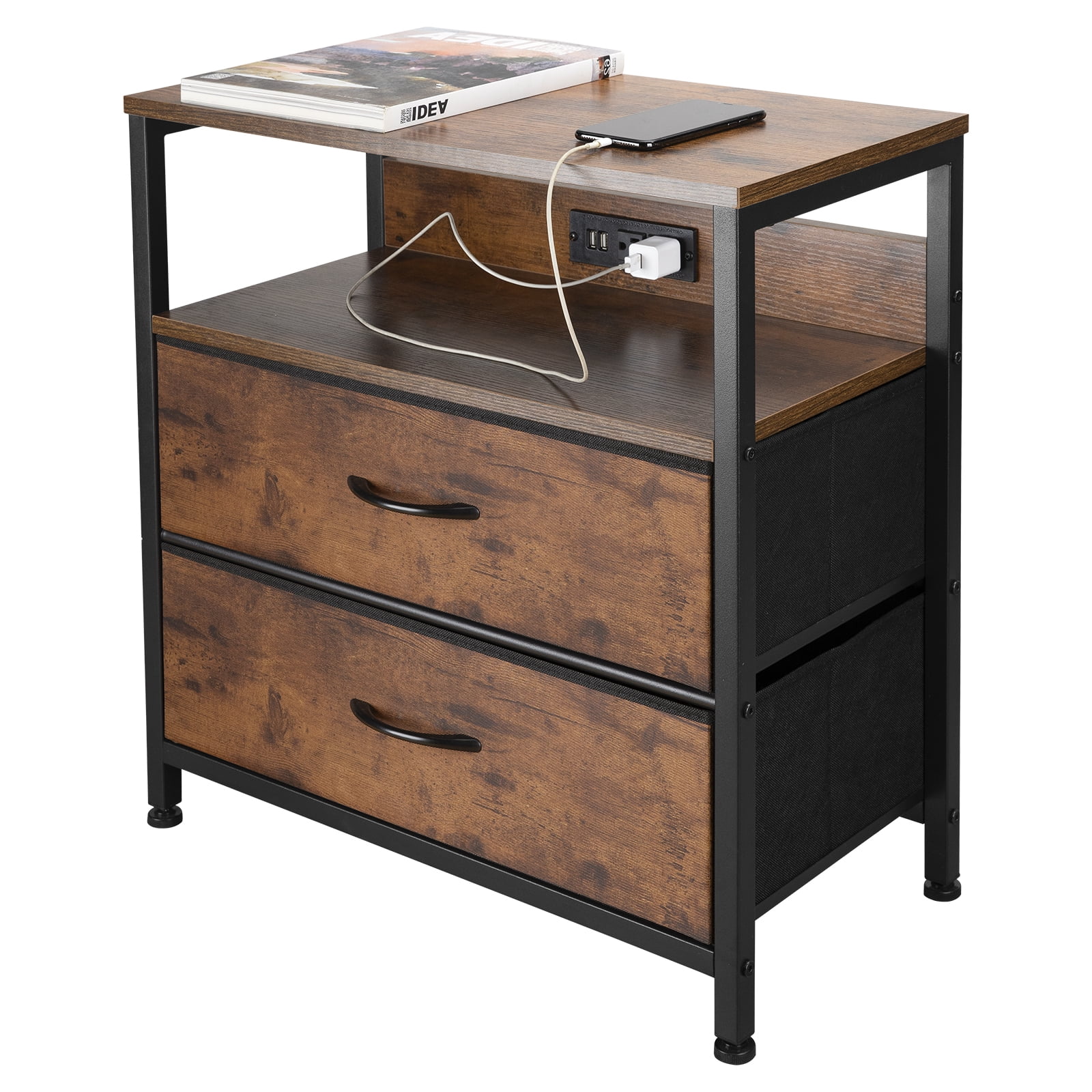 Rustic End Table with Charging Station & USB Ports, Narrow Side Console