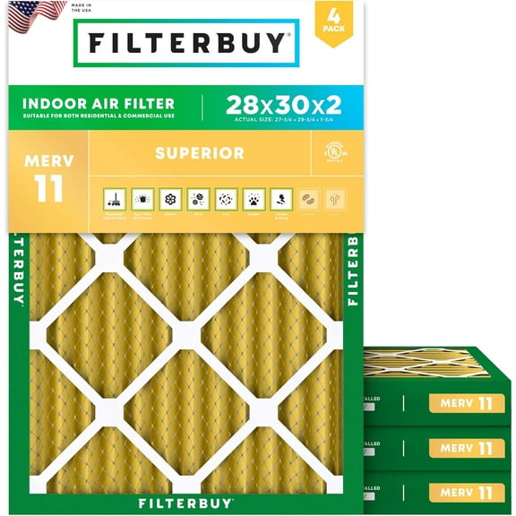 Filterbuy 28x30x2 Air Filter MERV 11 Allergy Defense, Pleated HVAC AC Furnace Filter Replacement, 4-Pack
