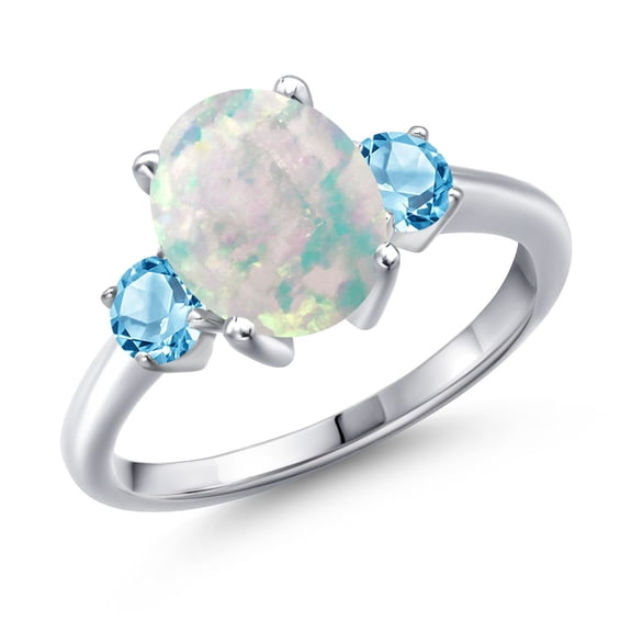 Gem Stone King 2.41 Ct Oval Cabochon White Simulated Opal Swiss Blue Topaz 925 Sterling Silver Ring (Size 6)