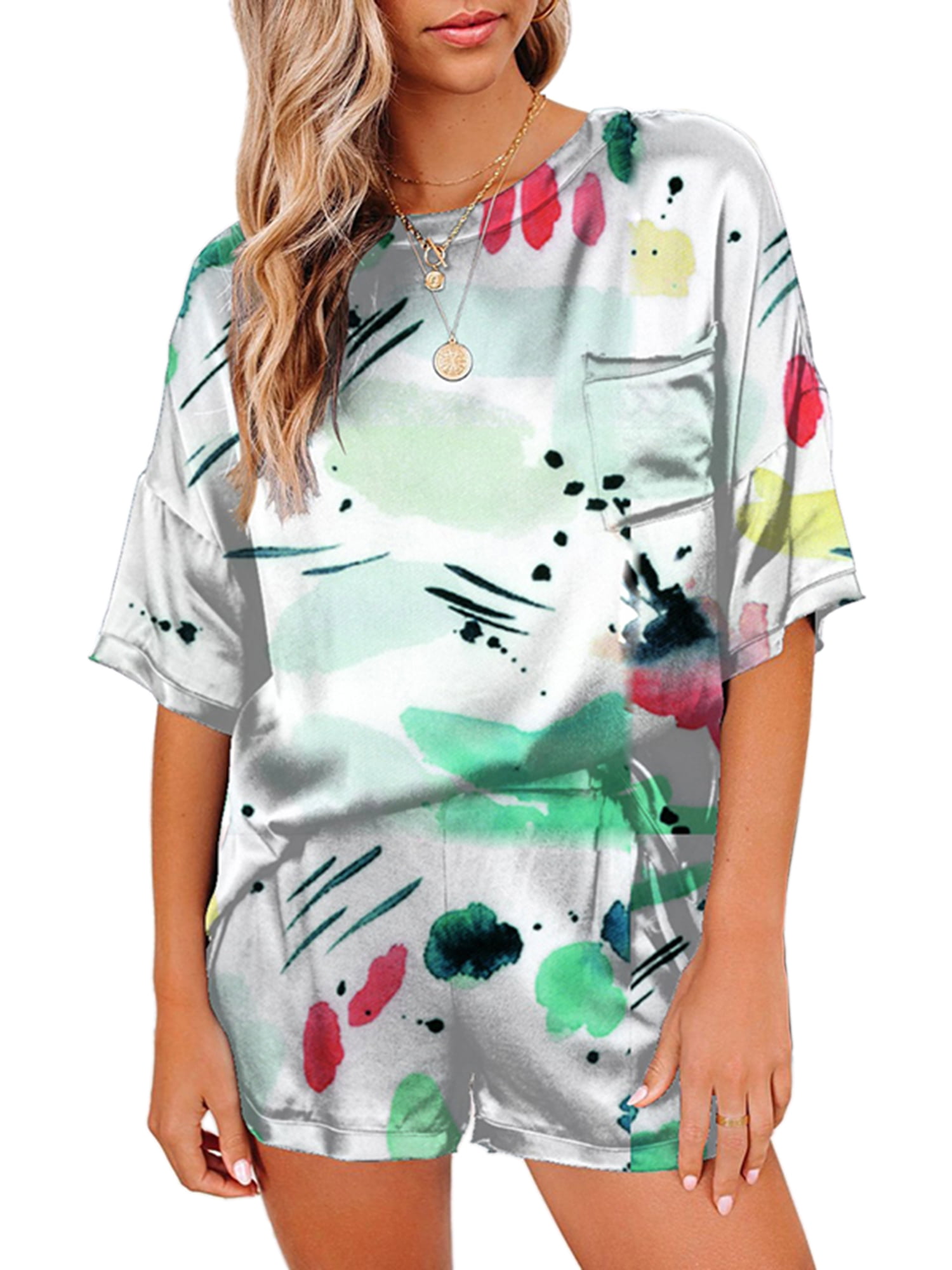 Dye Print Lounge Set for Women Summer Short Sleeve Crew Neck Tops and Shorts Silk Pajamas Homewear - Walmart.com