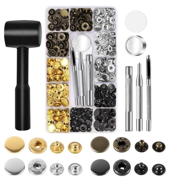 90 Set Snap Fasteners Kit with Leather Rivets,Hammer Punch Spacer , Snap Buttons Press Studs, Double Cap Rivet Fixing Tools