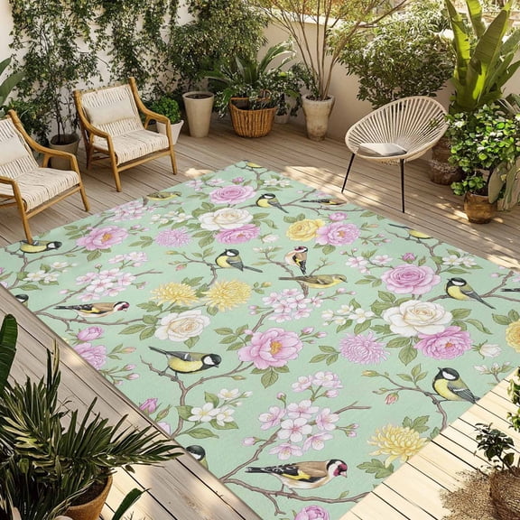Sage Green Spring Floral Outdoor Rug for Patio/Deck, Non-Slip Large Area Rug 4 x 6 Ft, Elegant Farmhouse Flowers Birds Watercolor Indoor Outdoor Rugs Washable Area Rugs, Camping Rug Carpet Runner