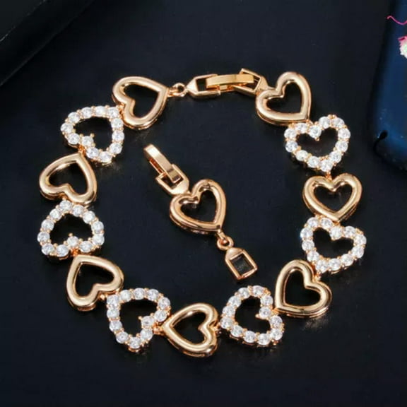 Romantic 585 Gold CZ Heart Link Bracelet Bangle for Women Ladies Party Costume