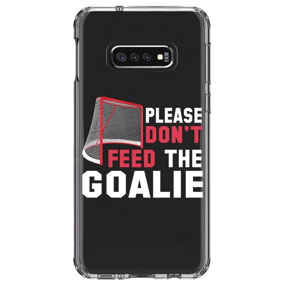 DistinctInk Clear Shockproof Hybrid Case for Samsung Galaxy S10e (5.8" Screen) - TPU Bumper Acrylic Back Tempered Glass Screen Protector - Please Don't Feed the Goalie